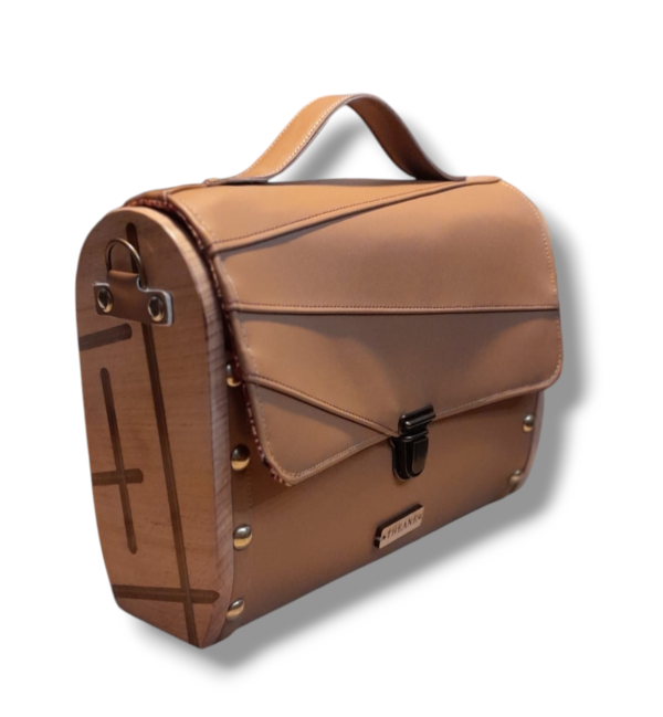 Sac cartable bois et alter-cuir de raisin camel 47