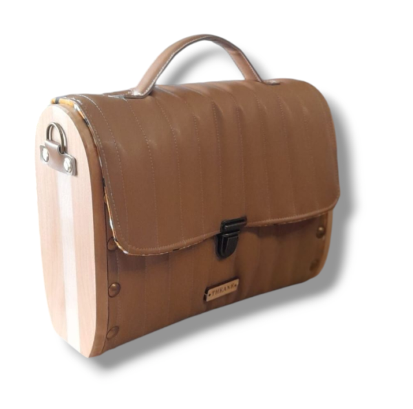 Sac cartable bois et alter-cuir de raisin camel 73